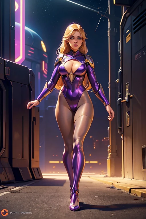 Best quality, 8K, vivid color, woman retro super hero futurism, full body, standing, facing away from the observer, golden hair, long eyelashes, light purple shiny leotard, cleavage, metalic details, light tan pantyhose, neutral sci-fi scenario