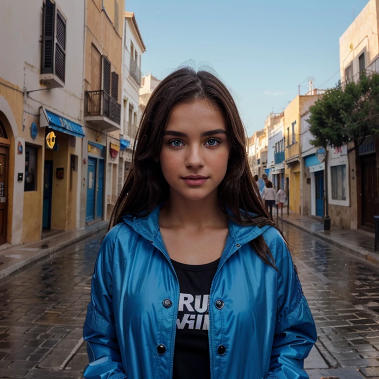 Albanian, girl, brown hair, blue eyes, short black top, Ibiza Town, sun gazing, Emo clothes, glowing eyes, beautiful skyline, feeling sadness, sensitive, beautiful smile, wearing blue rain coat