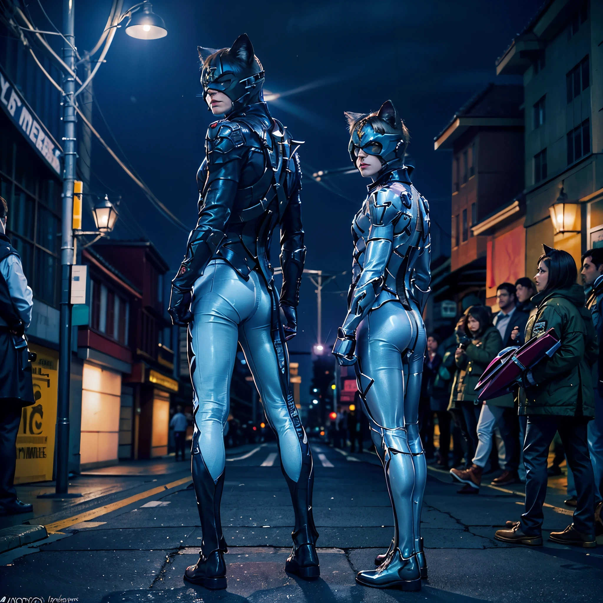 Photo-realistic image. 8k, sharp focus, hyper-realism, magic realism. Highly detailed costumes. Two superheroes stand in the middle-ground, wearing boots. They have human faces. They wear hero masks that show their mouths and eyes. They wear cat ears. Cat-man is wearing a white cat costume with a big pink letter 'C' on his chest. He stands next to Kitty-boy. Kitty-boy wears a violet cat costume with an emerald letter 'K' on his chest. Two men stand in a city street at night and wear rubber latex costumes (white, violet, pink and emerald costumes) and fluffy cat tails. They stand back-to-back with their legs apart. I can see their feet. They both hold laser guns in their hands. They stand in the middle of a city street. The street is well-lit. City lights from shop fronts. One man is shorter than the other. They have long cat tails. They are wearing knee-high boots. A (man dressed as a cat) is taller than (a shorter boy dressed as cat). They wear hoods with cat ears. These 2 super-heroes are a (man dressed as cat) and (a short boy dressed as cat). They are dressed in spandex outfits. They both stand on a city street with their legs apart and stand back to back. Cat-man is taller than Kitty-boy. People are dancing in the background. The street is brightly lit at night from many lasers and party light. The street looks like a nightclub. Many people wearing party outfits are in the background.