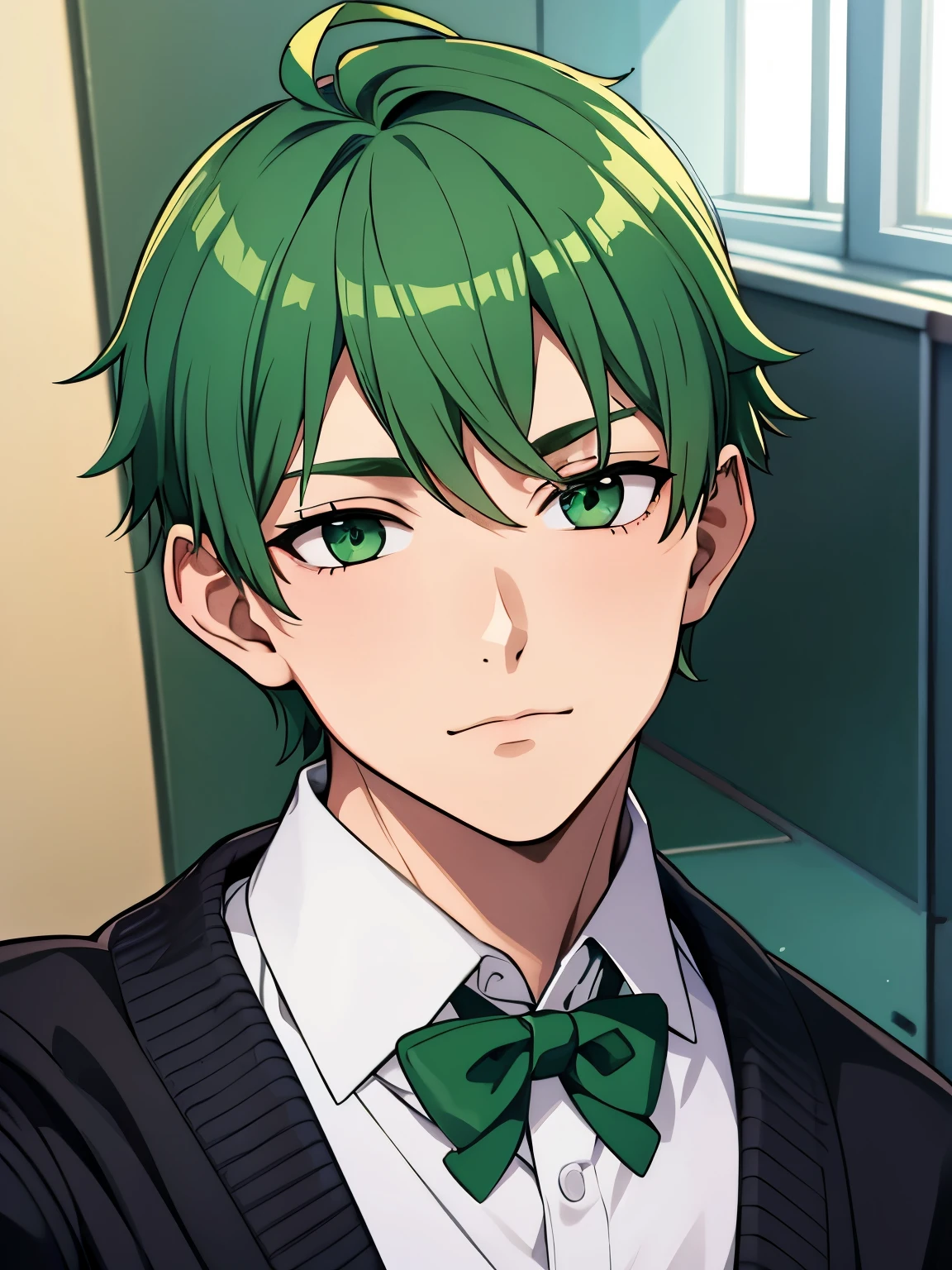 18 year old man with green hair, green eyes, wear school uniforms and school sweaters, taking a selfie, portrait, at school, very detailed