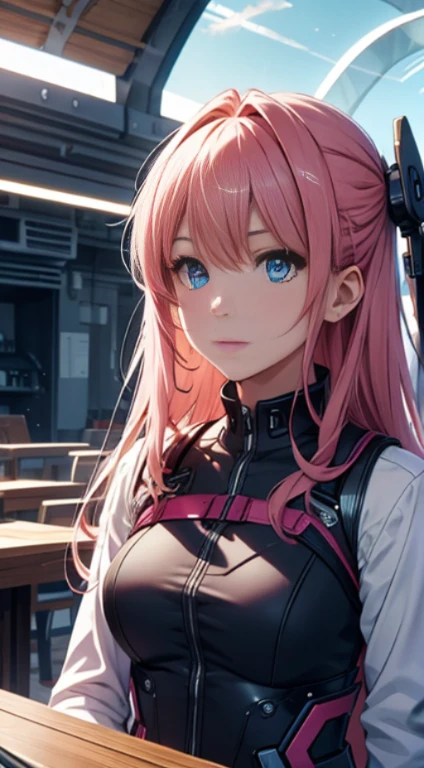最high quality、best image quality、masterpiece、with a girl((18-year-old、cyborg、System Dynamics、metal body、vest bust、medium bust、pink long hair、light blue eyes、Expressionless、wide open chest,Wind blows from behind、dark look)）high quality、beautiful art、With background(Distorted universe)),table top、elaborate design、visual art、Depth of bounds written、best lighting、most detailed、Low - Angle
