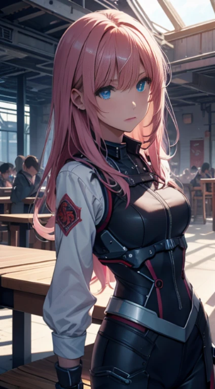 最high quality、best image quality、masterpiece、with a girl((18-year-old、cyborg、System Dynamics、metal body、vest bust、medium bust、pink long hair、light blue eyes、Expressionless、wide open chest,Wind blows from behind、dark look))high quality、beautiful art、With background(Distorted universe)),table top、elaborate design、visual art、Depth of bounds written、best lighting、most detailed、Low - Angle
