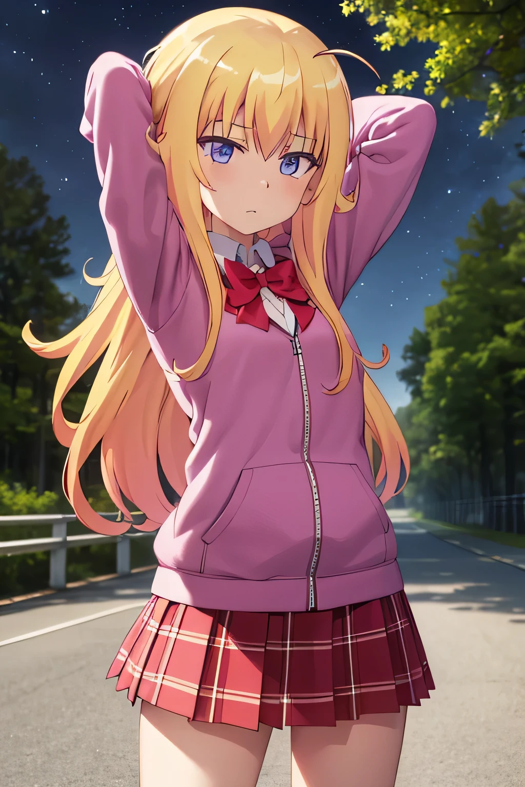 (extremely detailed CG unity 8k wallpaper), (masterpiece), (best quality), (ultra-detailed), (best illustration), (best shadow), (absurdres), 1girl, solo, gabriel white tenma, messy hair, ahoge, school uniform, red bow, plaid skirt, pink hoodie, arms behind head, closed_mouth, night sky, forest, spread armpits, contrapposto, cowboy shot, blush, expressionless, 