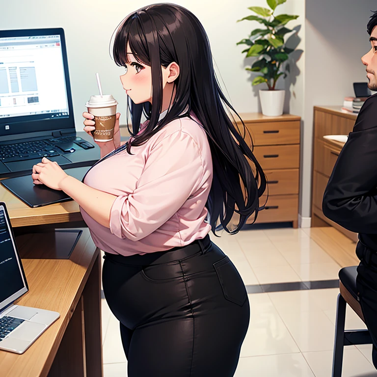 Chubby thic fat bbw Nature wife, black hair, Brown eyes, wearing black pants and pink blouse, walking in the Office, desktop with papers and laptop, talking with co-workers, drinking coffee, 4 man watching, view from the side