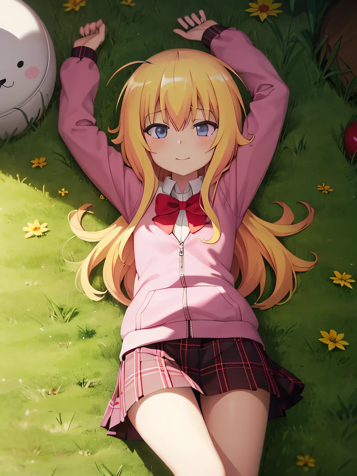 (extremely detailed CG unity 8k wallpaper), (masterpiece), (best quality), (ultra-detailed), (best illustration), (best shadow), (absurdres), 1girl, solo, gabriel white tenma, messy hair, ahoge, school uniform, red bow, plaid skirt, pink hoodie, closed mouth, spread arms, arms up, on back, on grass, looking at viewer, solo, center, smile, blushing, expressionless, 