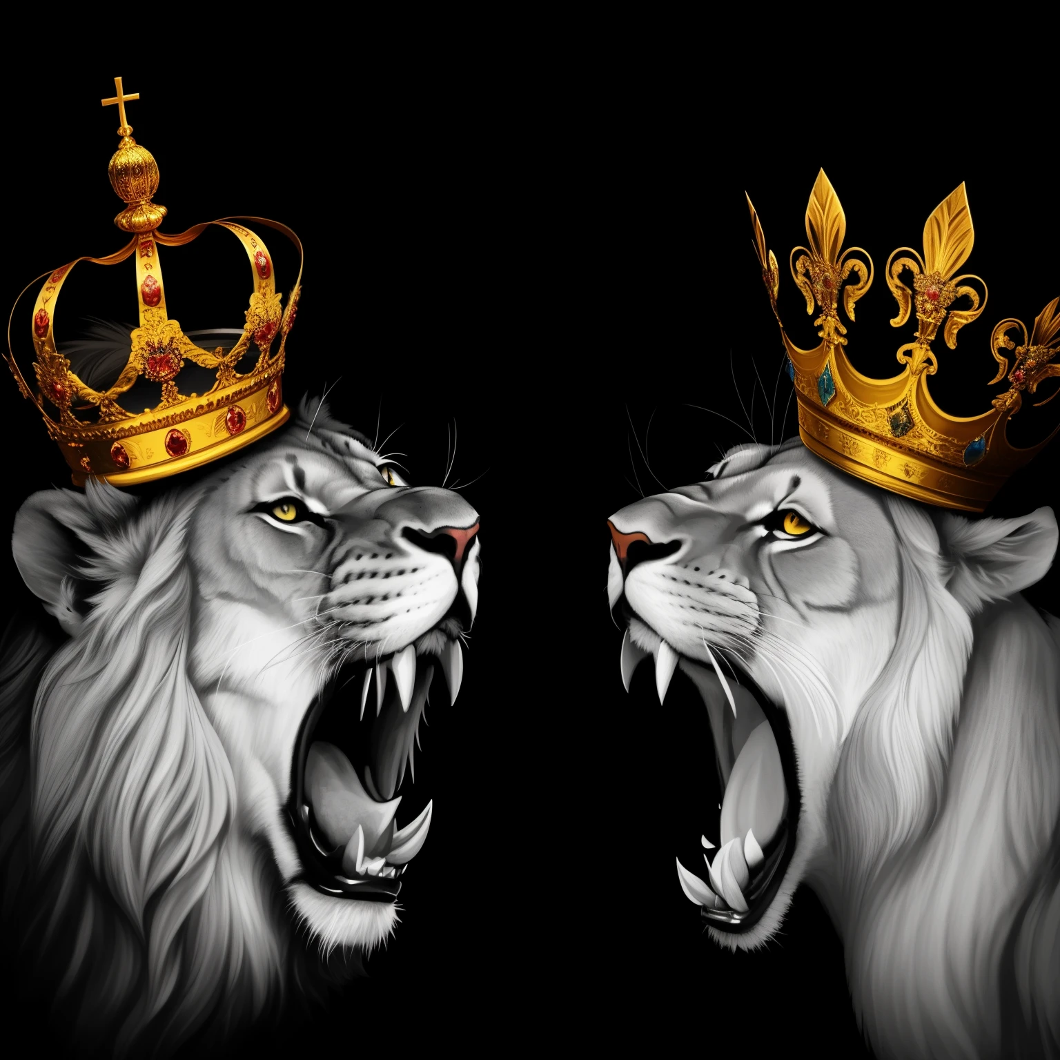 two lions with Coroas on their heads are roaring, lion with crown, Batalha dos Reis, Rei dos Reis, realeza, lions, Coroas, imagem de alta qualidade, Rei da floresta, coroado, majestade, many Coroas!! in his head, Reino da Realeza, monarquia, arte oficial altamente detalhada, Fundo, Papel de parede para PC, Lt. Adam Marczyński, obras de arte de alta qualidade