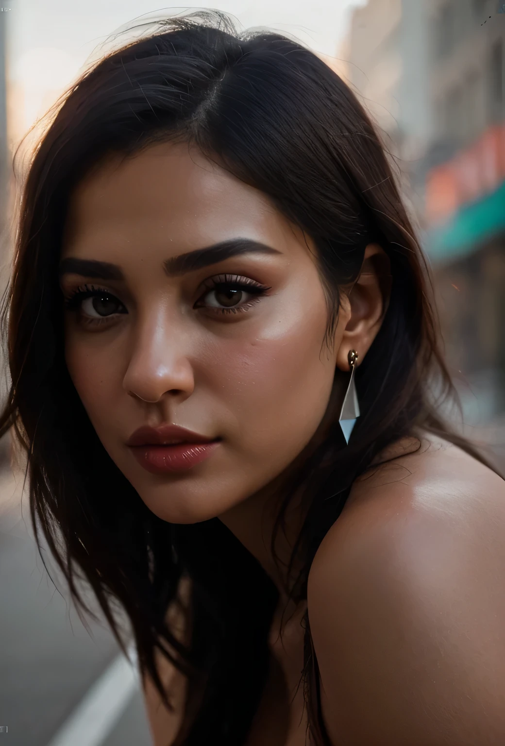 Masterpiece,It reminds me of when I'm happy or memorable, beautiful iranian persian sexy girl smoking cigarette, portrait, blur background new york, cinematic, hyper-realism ,smokes , dark hair , uptown, cleavage, thin detailed black eyes, thin eyebrows, perfect tiny nose, diamond earrings, long eyelashes, cat eye makeup , bold jawline , very detailed, dramatic lighting, digital art trends on Artstation 8k HD detailed realistic, detailed, skin texture, super detailed, realistic skin texture, armature, best quality, super high reidelity: 1.4), high resolution, detailed, raw photo, sharp re, by lee jeffries nikon d850 film stock photograph 4 kodak portra 400 camera f1.6 lens rich colors hyper realistic lifelike texture dramatic lighting unrealengine trending on artstation cinestill 800
