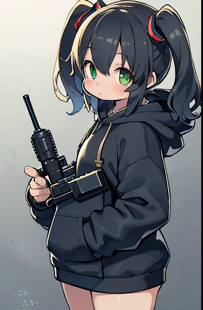 Hold a giant sniper rifle、long sideburns、whole bodyが美しいアニメ風の女の子, ,clean small surfaces, cyber-,Similar colors, shining shadow, beautiful gradation, Depth of bounds written, Clean image, high quality,black hoodie clothing、 high detail, High resolution, blush, fit, Heavenly beauty, very detailed, soft lighting, whole body,green&black hair,green eyes、