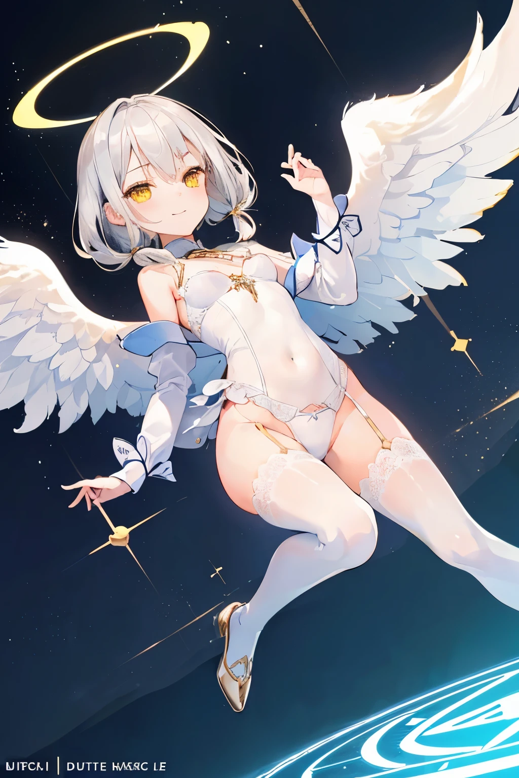 (((1girl))), ((best quality)), ((masterpiece)), ((ultra-detailed)), (illustration), (detailed light), (an extremely delicate and beautiful), (beautiful detailed eyes), (sunlight), ((extremely light)), ((extremely clothes)), (((hyper detail)))
(((adorable white lingerie))),
high twin pig tails, ((((white silver hair)))),
(((yellow gold eyes))),
((angel)), (((angel wings))), ((angel halo)),
(((whole body))), aged 13 to 16,
(((extra adorable))), (((extra slender shape))),
(((extremely beautiful detailed face))),
(mischievous smile with sexual satisfaction), (adorable smile),
(((condescending expression))),
(((jump up high above the magic circle))), (((((Dutch angle))))),
((())), (from below),
(((extremely thin thighs))), (((white stockings)))