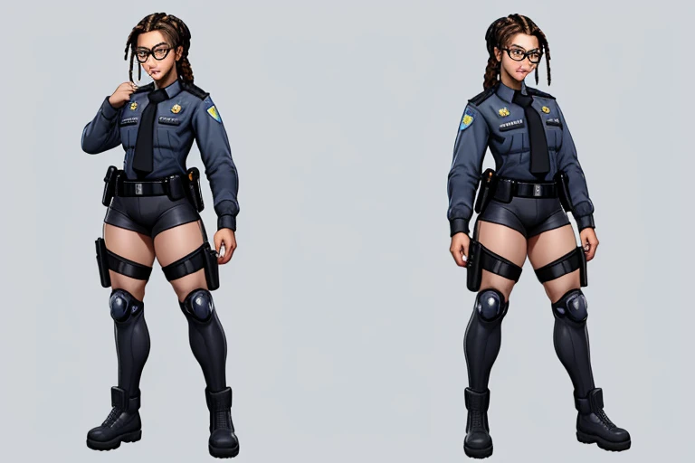((masterpiece)),(((best quality))),((character design sheet)), illustration,1woman, environment Scene change, (long braided hair:1.4),((cyberpunk police officer:1.5)), muscular, black legs, thick legs, (pale skin:1.3)scribbles and marks, light blue shirt, ((detailed face:1.1)), rough sketches, (puffy lips:1.4), pose too, ((brunette hair:1.2)), (police officer outfit:1.3) , 8k,16k, (simple background, light background: 1.3) ((Style 20 year old black woman with glasses , com ,big vagina Art Vista de Corpo Inteiro, plano completo, View various frontal poses, de personagem, views and points of view, um personagem, corpo inteiro, personagem com menos, estilo de roupa, no mesmo Estilo de cabelo, less Type of footwear, FORTE )):: ((full body view, plano completo, Vista design de personagem, views views, de um personagem, corpo inteiro,, personagem com menos, estilo de roupa, no mesmo Estilo de cabelo, less Type of footwear)):: Uma mulher Moreno de uma mulher seios , position of 69 position, cabelo afro caindo para a frente, Tipo Rasta, but braided, com belos seios corpo perfeito com , a wide thigh is a beautiful woman, com seios lindos corpo perfeito, uma coxa larga, um destino com ,sexual expression, erotismo
