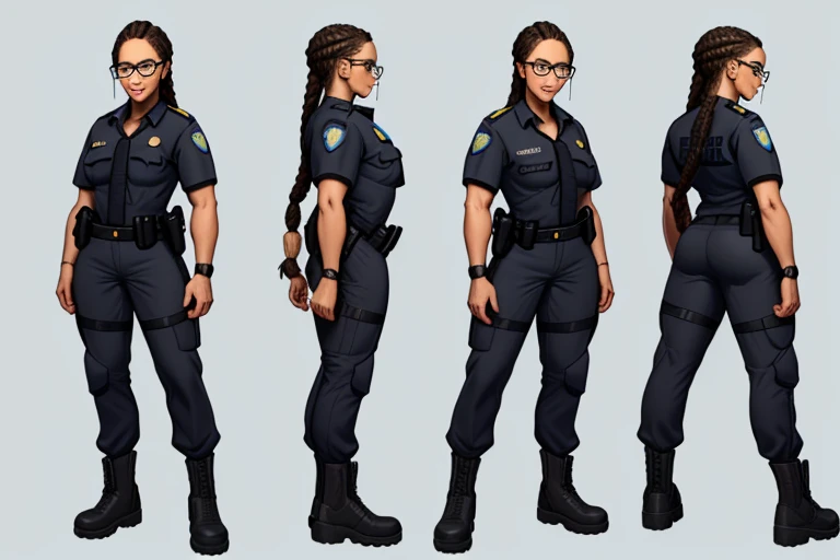 ((masterpiece)),(((best quality))),((character design sheet)), illustration,1woman, environment Scene change, (long braided hair:1.4),((futuristic police officer:1.5)), muscular, black legs, thick legs, (pale skin:1.3)scribbles and marks, light blue shirt, ((detailed face:1.1)), rough sketches, (puffy lips:1.5), pose too, ((brunette hair:1.2)), (police officer outfit:1.3) , 8k,16k, (simple background, light background: 1.3)