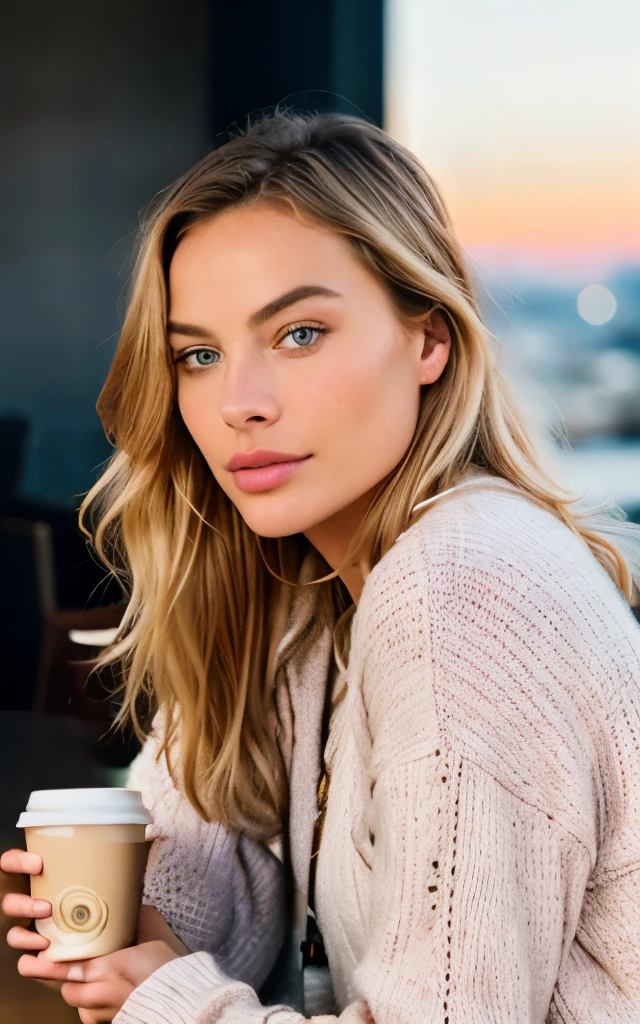 beautiful blonde Margot Robbie wearing pink sweater (sipping coffee inside a modern café at sunset), very detailed, 21 years old, innocent face, natural wavy hair, blue eyes, high resolution, masterpiece, best quality, intricate details, highly detailed, sharp focus, detailed skin, realistic skin texture, texture, detailed eyes, professional, 4k, charming smile, shot on Canon, 85mm, shallow depth of field, kodak vision color, perfect fit body, extremely detailed, foto_\(ultra\), photorealistic, realistic, post-processing, maximum detail, roughness, real life, ultra realistic, photorealism, photography, 8k uhd, photography