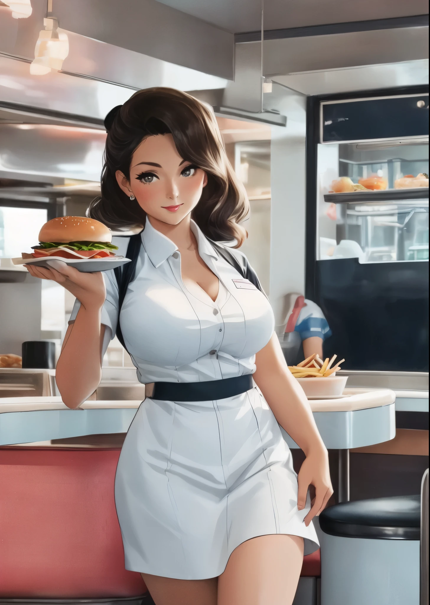 arafed 1 woman in a waitress uniform serving a meal in a restaurant, wearing rr diner uniform, ( waitress ) girl, in a classic 5 0 s diner, serving burgers, 50s style, 5 0 s style, in classic diner, at a 5 0 s diner, 1950s vibes, serving fries, 5 0's diner, dynamic pose, cleavage, thighs
