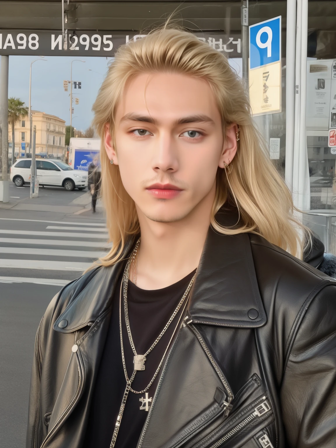 blond man con cabello largo wearing a black leather jacket and cross necklace, young and handsome roma pale, con pelo largo y rubio, taken in the early 2020s, contraction serpentine / jugador ludwig, andrei riabovitchevich, Alexey Gurylev, con cabello largo, felix englund style, con cabello largo and piercing eyes