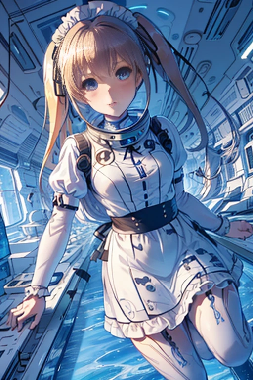 ticker_eriri, sawamura spencer eriri, 1 girl, blonde hair, blue eyes, twin tails, alone, tooth, long hair, hair ribbon, anime coloring book, blush, bangs, black ribbon, long dress, maid, maid apron, roswaal mansion maid uniform,
, (masterpiece:1.6, highest quality), (Beautiful detailed eyes: 1.2), bing astronaut