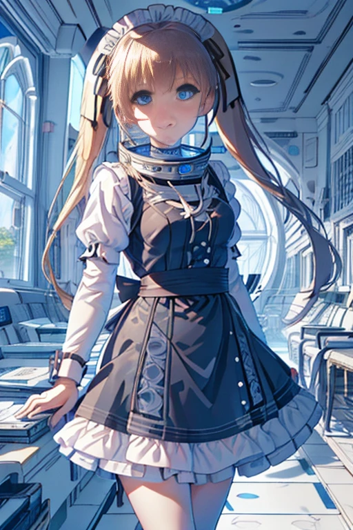 ticker_eriri, sawamura spencer eriri, 1 girl, blonde hair, blue eyes, twin tails, alone, tooth, long hair, hair ribbon, anime coloring book, blush, bangs, black ribbon, long dress, maid, maid apron, roswaal mansion maid uniform,
, (masterpiece:1.6, highest quality), (Beautiful detailed eyes: 1.2), bing astronaut