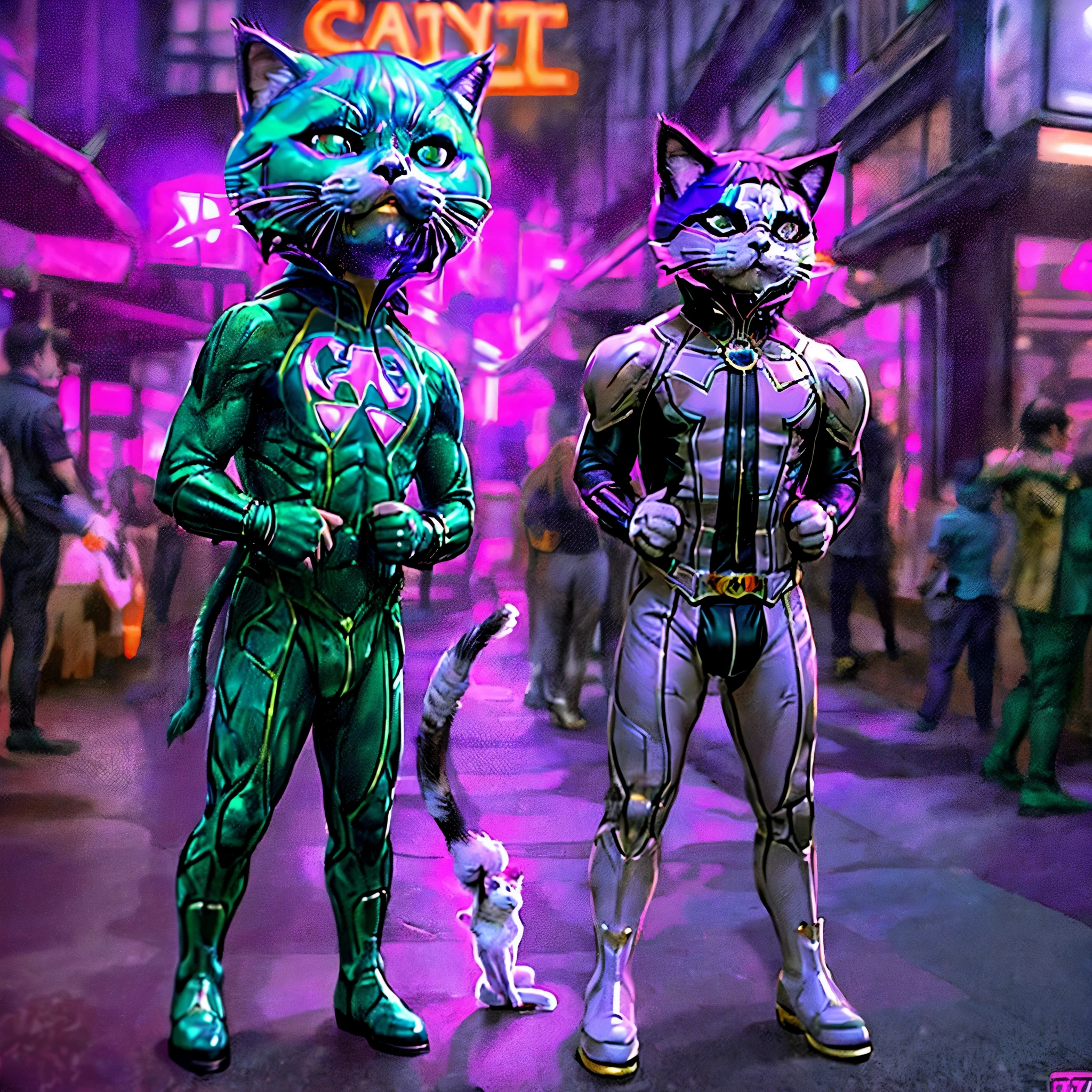Photo-realistic image. 8k, sharp focus, hyper-realism, magic realism. Highly detailed image. Two superheroes stand in the middle-ground, wearing boots. They have human faces. They wear hero masks that show their mouths and eyes. They wear cat ears. Cat-man is wearing a white cat costume with a big pink letter 'C' on his chest. He stands next to Kitty-boy. Kitty-boy wears a violet cat costume with an emerald letter 'K' on his chest. Two men stand in a city street at night and wear rubber latex costumes (white, violet, pink and emerald costumes) and fluffy cat tails. They stand back-to-back with their legs apart. I can see their feet. They both hold laser guns in their hands. They stand in the middle of a city street. The street is well-lit. City lights from shop fronts. One man is shorter than the other. They have long cat tails. They are wearing knee-high boots. A (man dressed as a cat) is taller than (a shorter boy dressed as cat). They wear hoods with cat ears. These 2 super-heroes are a (man dressed as cat) and (a short boy dressed as cat). They are dressed in spandex outfits. They both stand on a city street with their legs apart and stand back to back. Cat-man is taller than Kitty-boy. People are dancing in the background. The street is brightly lit at night from many lasers and party light. The street looks like a nightclub. Many people wearing party outfits are in the background.