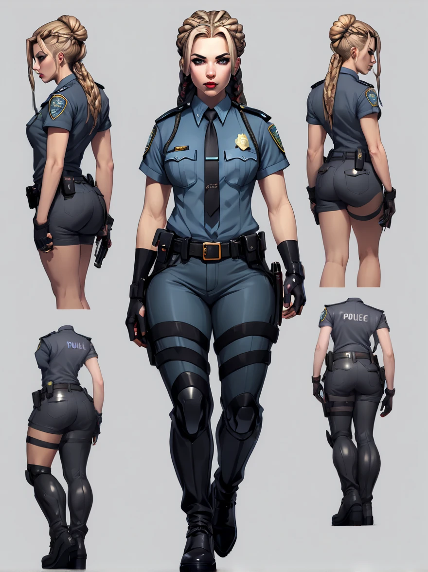 ((masterpiece)),(((best quality))),((character design sheet)), illustration,1woman, environment Scene change, (long braided hair:1.4),((cyberpunk police officer:1.5)), muscular, black legs, thick legs, (pale skin:1.3)scribbles and marks, light blue shirt, ((detailed face:1.1)), rough sketches, (puffy lips:1.4), pose too, ((brunette hair:1.2)), (police officer outfit:1.3) , 8k,16k, (simple background, light background: 1.3) ((Art Style Full Body View, plano completo, vista frontal, vista lateral, vista traseira, do personagem, multiple views and poses, Multiple points of view, um personagem, corpo inteiro, personagem com menos, estilo de roupa, no mesmo estilo de cabelo, menos Tipo de sapato, forte)):: ((full body view, plano completo, vista frontal, vista traseira, design de personagem, multiple views and poses, Multiple points of view, de um personagem, corpo inteiro, personagem com menos , estilo de roupa, no mesmo penteado, less Type of footwear)):, (escuro, fundo preto liso: 1,4)