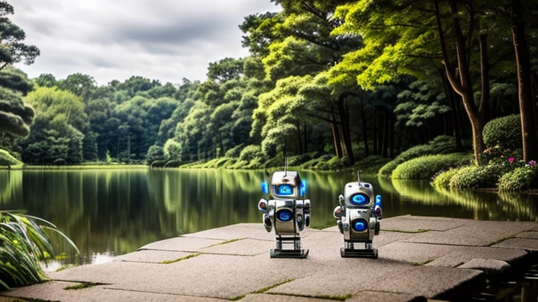 Two small robot birds are standing near a pond surrounded by nature.,Cloudy sky,Harmony between machine and nature,dark atmosphere,Japanese style,