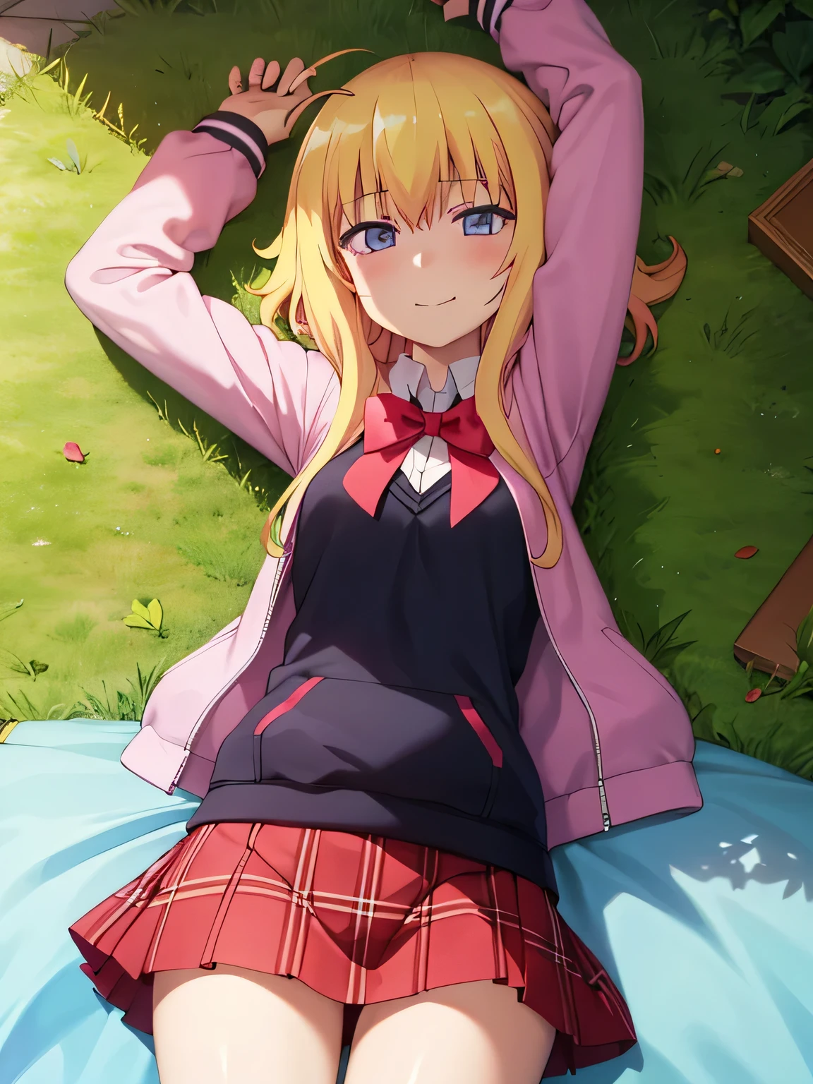 (extremely detailed CG unity 8k wallpaper), (masterpiece), (best quality), (ultra-detailed), (best illustration), (best shadow), (absurdres), 1girl, solo, gabriel white tenma, messy hair, ahoge, school uniform, red bow, plaid skirt, pink hoodie, closed mouth, spread arms, arms up, on back, on grass, looking at viewer, solo, center, smile, blushing, expressionless, 