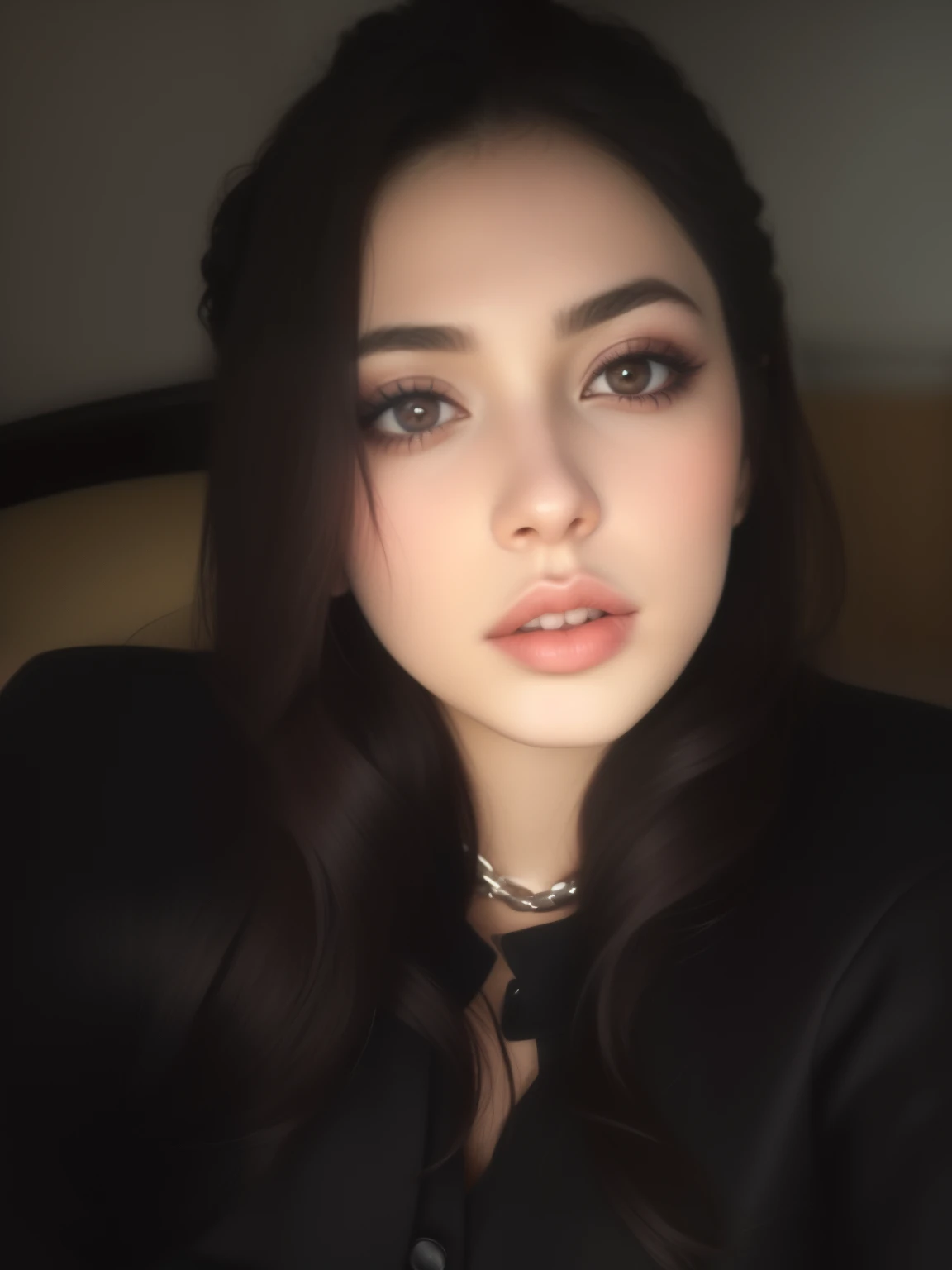 mulher araffed com longos cabelos pretos e uma jaqueta preta, Violeta Myers, thick lips, 18 anos de idade, huge lips, very Fleshy lips, Retrato de Sophie Mudd, charli bowater, rosto sexy, Anastasia Ovchinnikova, imagem de perfil, Fleshy lips, lindo rosto latina, pursed lips, pouty lips, Big lips, large Fleshy lips, colar de conchas brancas, lindo colar de conchas brancas, colar de conchas brancas do mar, colar de conchas