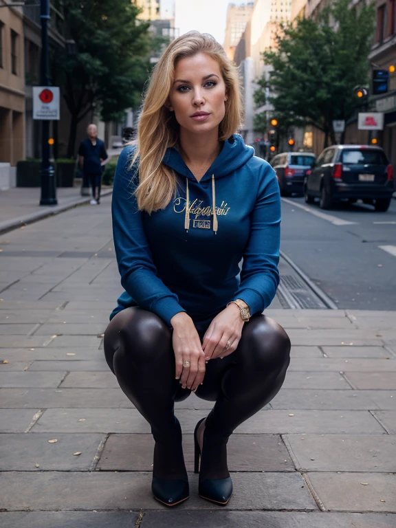 beautiful mature 36 year old woman, blonde hair, blue eyes, in classic black leggings and hoodie, full body, high heels, outside on New York street, ((slim, )), photorealistic, photo, masterpiece, realistic, realism, photorealism, high contrast, 8k HD high definition detailed realistic, detailed, skin texture, hyper detailed, realistic skin texture, armature, best quality, ultra high res, (photorealistic:1.4),, high resolution, detailed, raw photo, sharp re,
