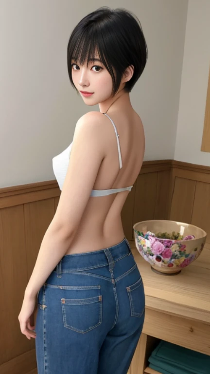 top-quality,masterpiece,Raw photography,8K,Top image quality,hight resolution, 18 years old Japanese female idol ,Beautuful Women,cute Japanese girls, Pretty Woman ,Beautiful face in every detail, ,small head, seductive smile ,Realistic human skin, pale skin ,cut model , Short hair ,bowl cut ,skinny body , t-shirts,low rise pants, constriction, face focus , back focus, leaning forward ,arched back, from above ,from behind,looking back,selfie ,