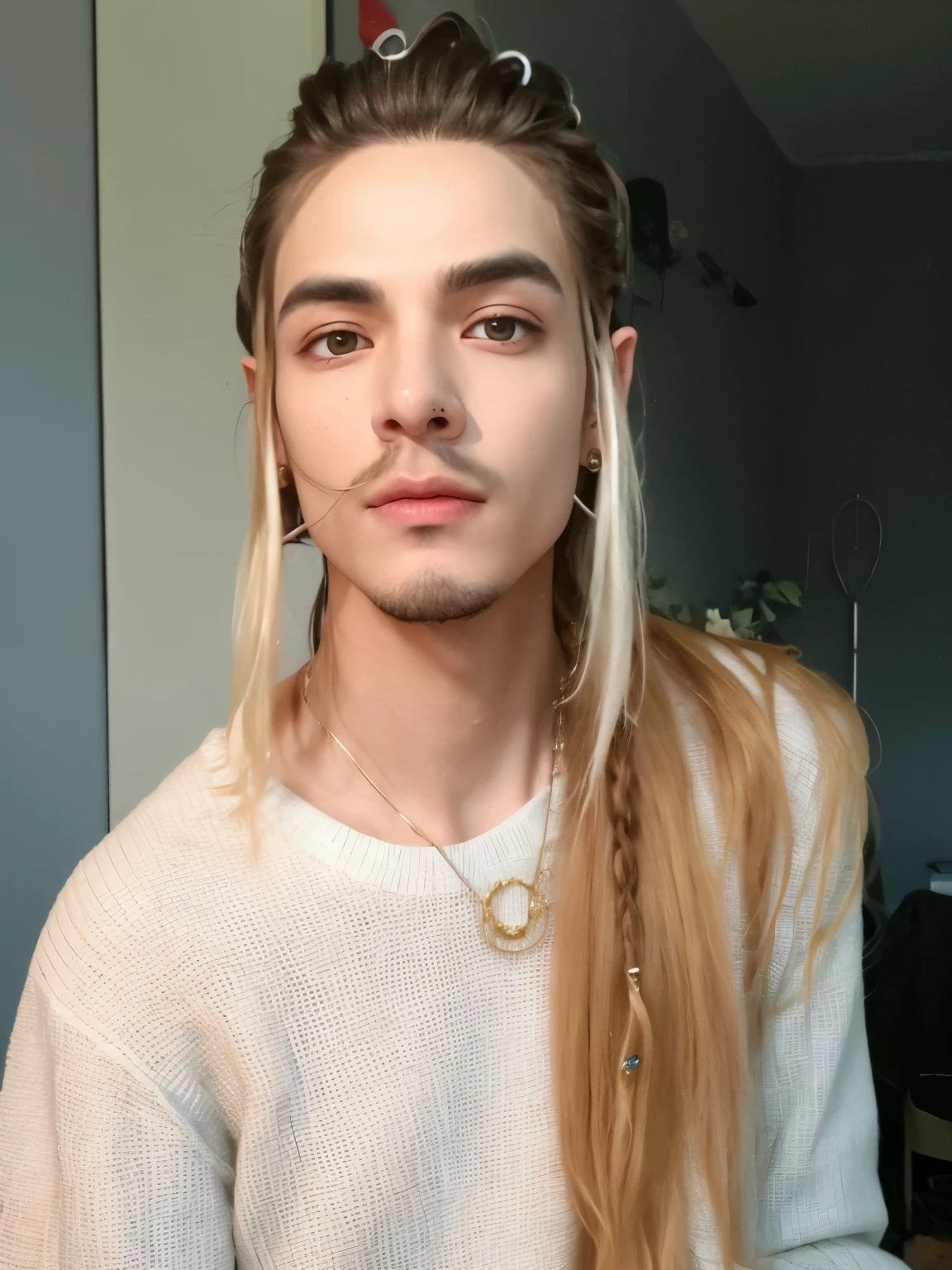 hombre rubio con piercings y piercings en la nariz, Similar a Legolas, elven male, Hermoso elfo masculino, con pelo largo y ojos penetrantes, androgynous face, hoja de anato finn. caras perfectas, androgynous man, cejas pesadas, cejas grandes, con pelo largo y rubio, un elfo macho, con cabello rubio muy largo, androgynous person