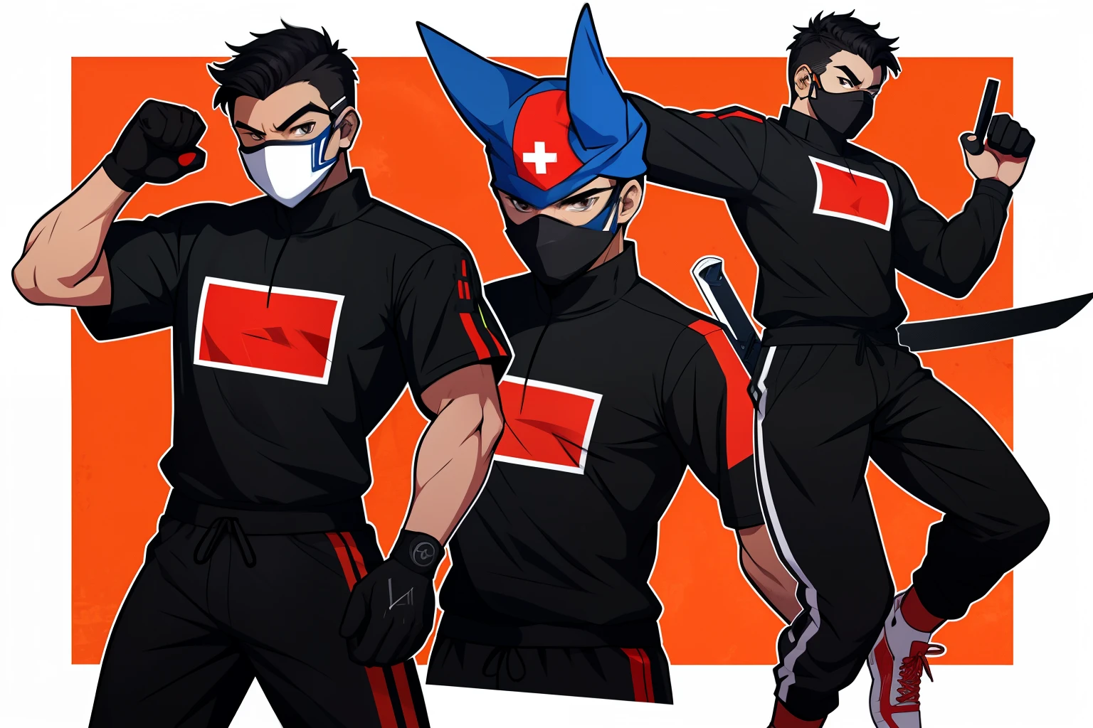 anime style illustration add a costume based on Cape Verde flag, of techwear, cyborg ninja, holding a sword, wearing a mask, striking pose, all limbs appear in frame, japanese vibe, detailed design for streetwear and urban style t-shirt design, solid color background, etc pro vector

