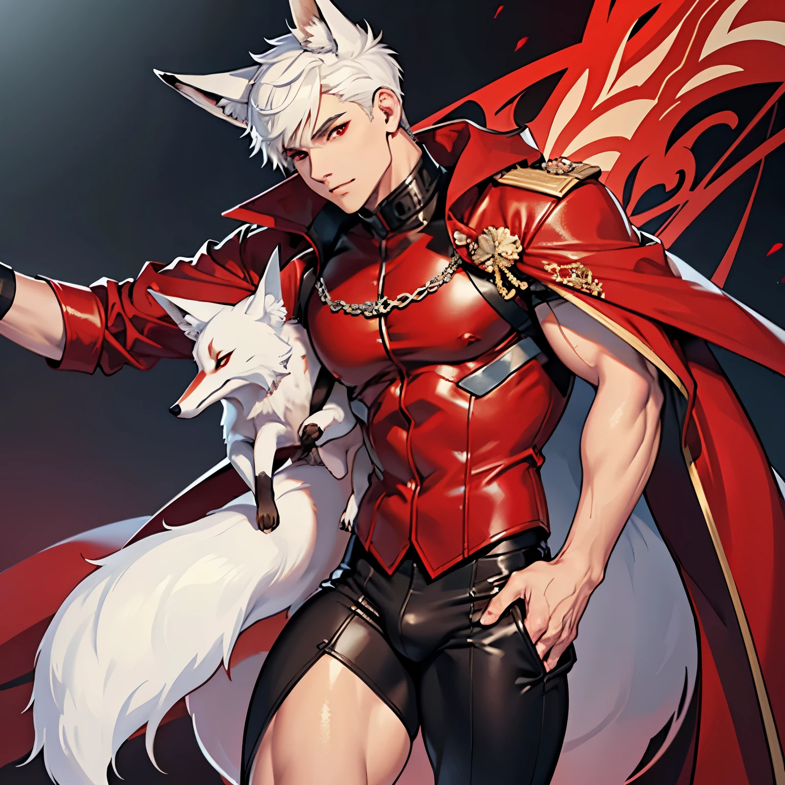 1 man, short hair, white hair, ((very thick thighs)), ((holding a fox)), ((thin body)), wearing a red Leather coat and black pants, red eyes, delicate face, ((twink))