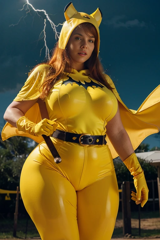 Massive, huge, and curvy redheaded white woman wearing a yellow bat mask, yellow cowl, yellow cape, yellow gloves, yellow belt, and yellow boots. She is wearing a sky blue costume with a yellow bat symbol on the chest. She has gigantic tits. She is muscular and leaping across a dark purple sky that is streaked with lightning.