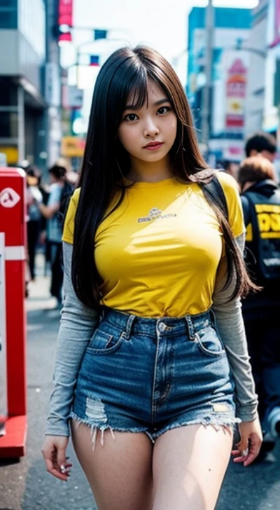 detailed, 8K, photorealistic, ((Japanese girl)), {{{round faith}}}, {{{sharp focus}}}, {tight thin t-shirt}, {{wear yellow short t-shirt large printed Minions}}}, game geek, {{{arcade game in Japanese city akihabara}}}, big smile, cowboy shot, {deep black eyes}, (big beady eyes), (straight hair), 21 years old, Natural lighting, little chubby