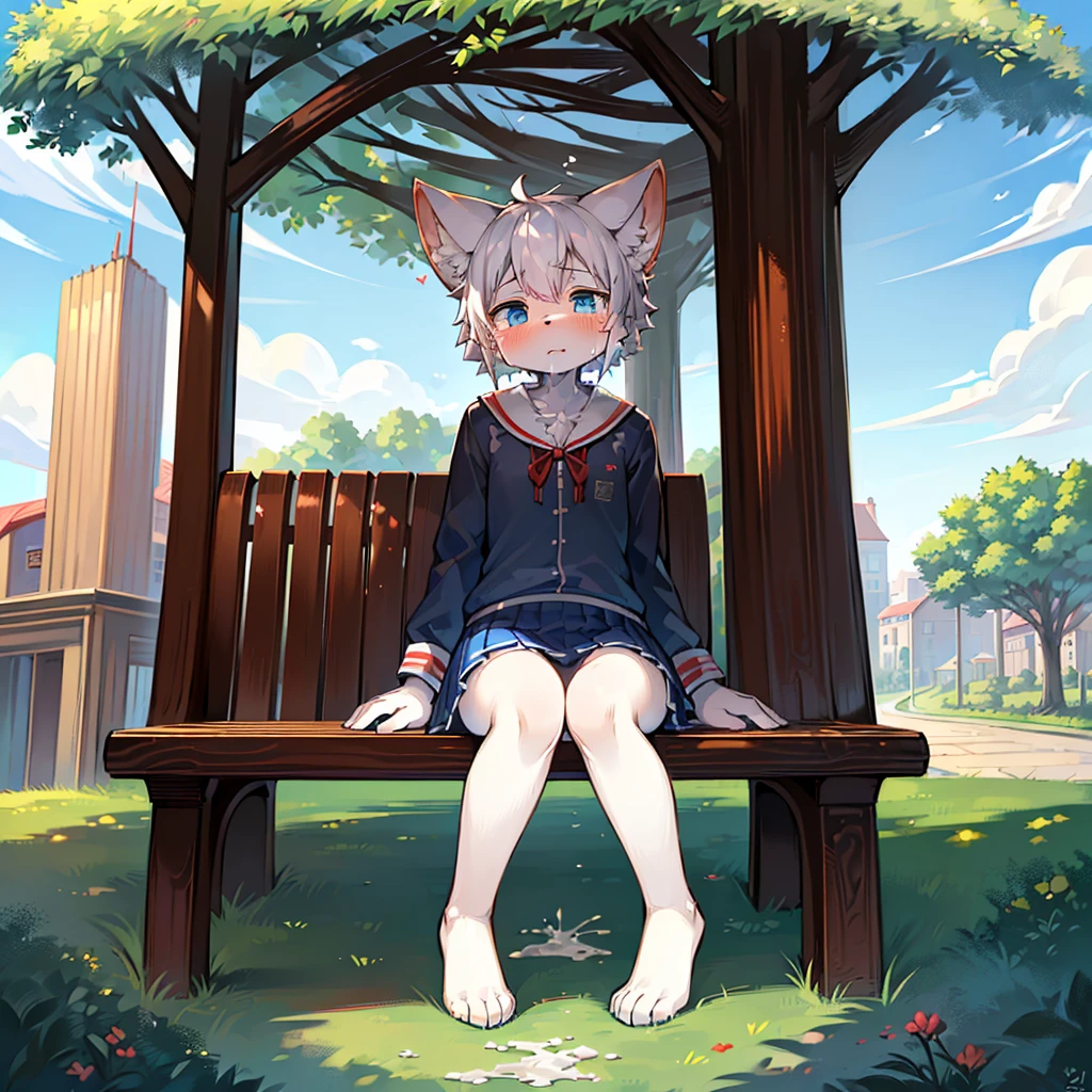 on the table, high quality, ridiculous resolution, number \ (artwork \), by dagashi, Yes, Kiyoyama, (fluffy fur, white fur, Full body fur,), male ,,solo,One section,tears, blue eyes, white hair,I have a red schoolbag,1tail,Ears droop,kawaii,sweating,Sailor suit, Awkward,cum,mini skirt,bare legs, Bright Eyes,4 others ,Panorama, Character focus. Detailed background, clouds background,a park,bench under tree ,sit on it,view from below,Sensitive,