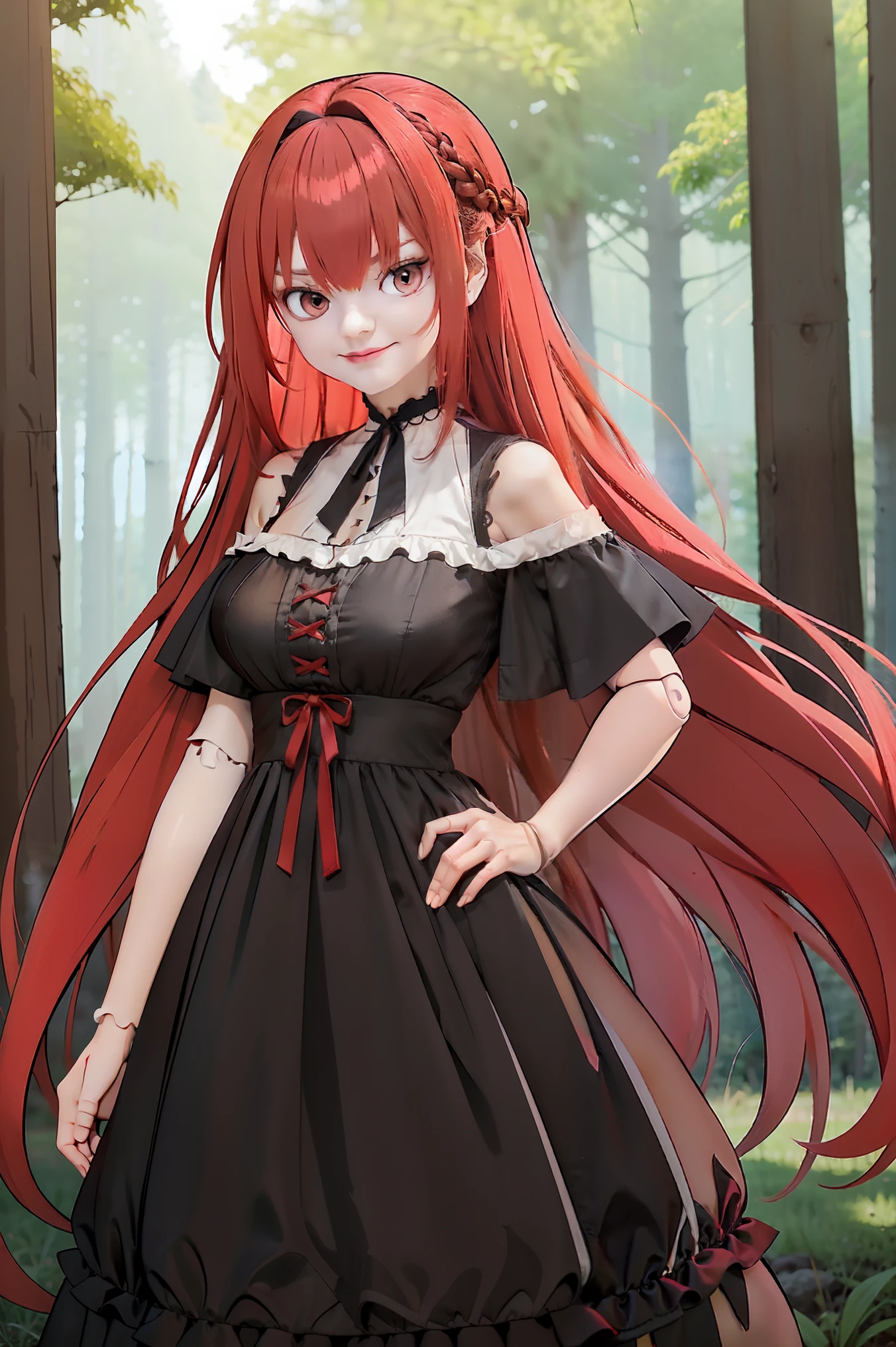 masterpiece, best quality, ultra high quality, blurry, 1girl, solo, crimson red hair, very long hair, french braid, single sidelock, red eyes, glowing eyes, medium breasts, mature girl, neutral, cold, evil face, black victorian dress, ornate white dress, (sleeveless), off-shoulder dress, frills, (dollgirl, doll joints), looking at viewer, ((single hand on hip)), (glowing light), focus on character, forest, trees