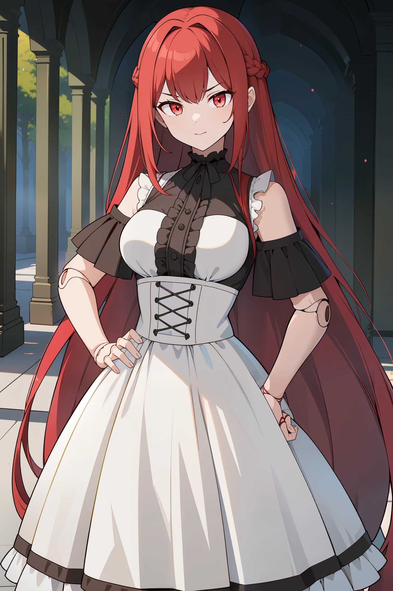 masterpiece, best quality, ultra high quality, blurry, 1girl, solo, crimson red hair, very long hair, french braid, single sidelock, red eyes, glowing eyes, medium breasts, mature girl, neutral, cold, evil face, black victorian dress, ornate white dress, (sleeveless), off-shoulder dress, frills, (dollgirl, doll joints), looking at viewer, ((single hand on hip)), (glowing light), focus on character, forest, trees