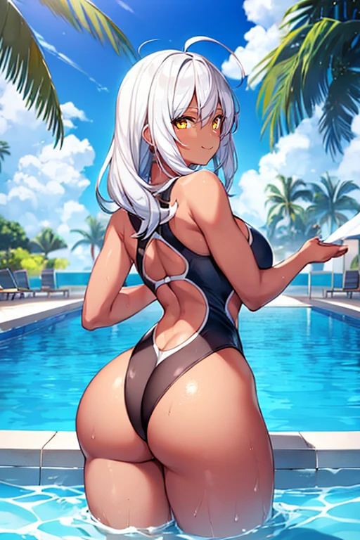1girl, dark skin, dark-skinned female, one-piece swimsuit, competition swimsuit, white hair, yellow eyes, from behind, ass, happy, smile, large breasts, wide hips, thick thighs, pool, black swimsuit, white trim, text, heart, full body, ((full body))