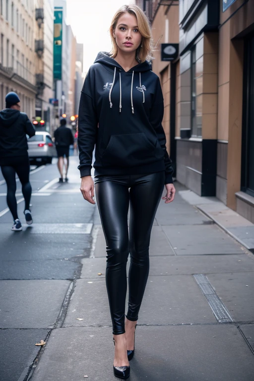 beautiful mature 36 year old woman, blonde hair, blue eyes, in classic black leggings and hoodie, full body, high heels, outside on New York street, ((slim, )), photorealistic, photo, masterpiece, realistic, realism, photorealism, high contrast, 8k HD high definition detailed realistic, detailed, skin texture, hyper detailed, realistic skin texture, armature, best quality, ultra high res, (photorealistic:1.4),, high resolution, detailed, raw photo, sharp re,