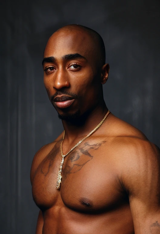 Tupac Shakur,darkambient,(deep,dark,brooding:0.9),straighteyecontact,shirtless,full body,artisticpose,darkshadebackground,(realistic,detailed:1.37),bestquality,4k,blackbackground,noheadaccessories,no head accessories, bald, full skin details
