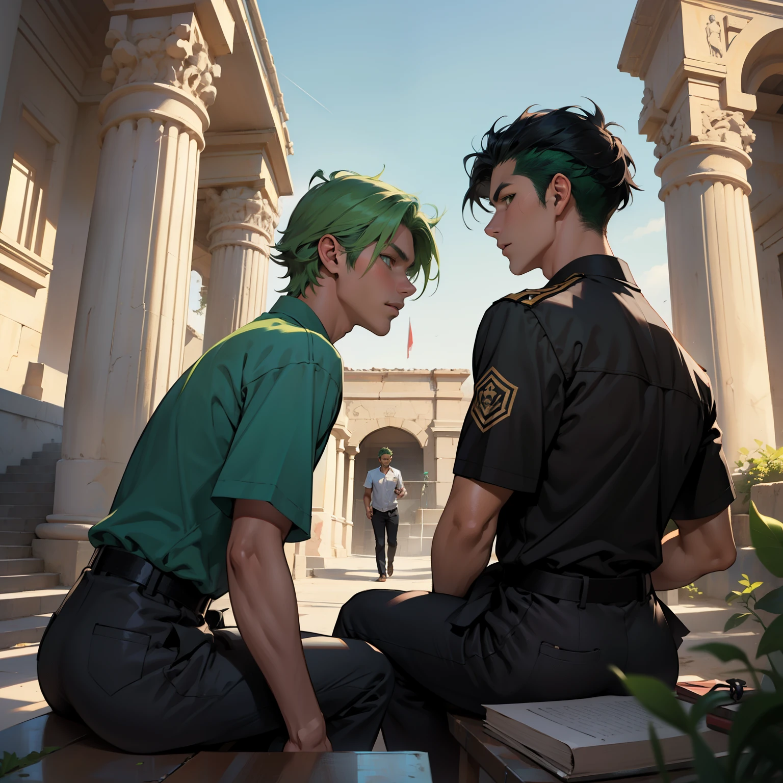 de perfil , There are two handsome -yeld bositting in the school yard, but it is a school in ancient Egypt. They see someone approaching. One of them has green hair and the other has black hair with brown strands.