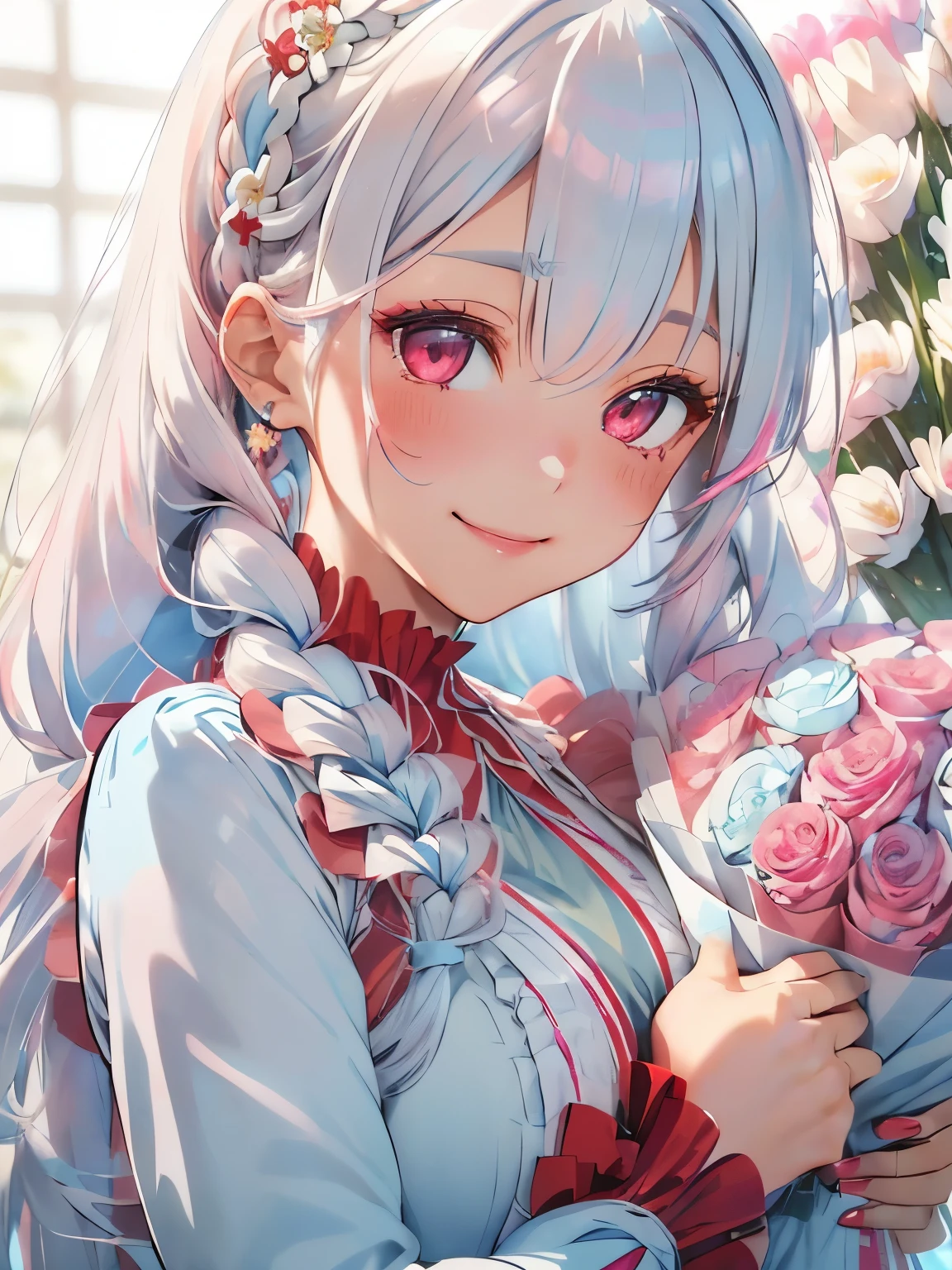((silver hair)),((pink eyes)),((Braided long hair)),((With bangs)),((fashion//Feminine red, white and light blue costume:1.3)),((holding a large colorful bouquet)),((lots of flowers:1.35)),(blush),((gentle smile:1.2)),(close up of face:1.3),((celebration)),(NSFW),