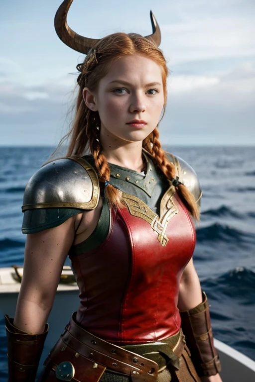 1 Girl, 20 years old, (((Viking warrior))), wearing Viking battle costumes, red hair with braids, blue eyes, athletic body, fitness, perfect breasts, freckles on face, serious look, You're sailing on a drakkar On the Celtic Sea, 