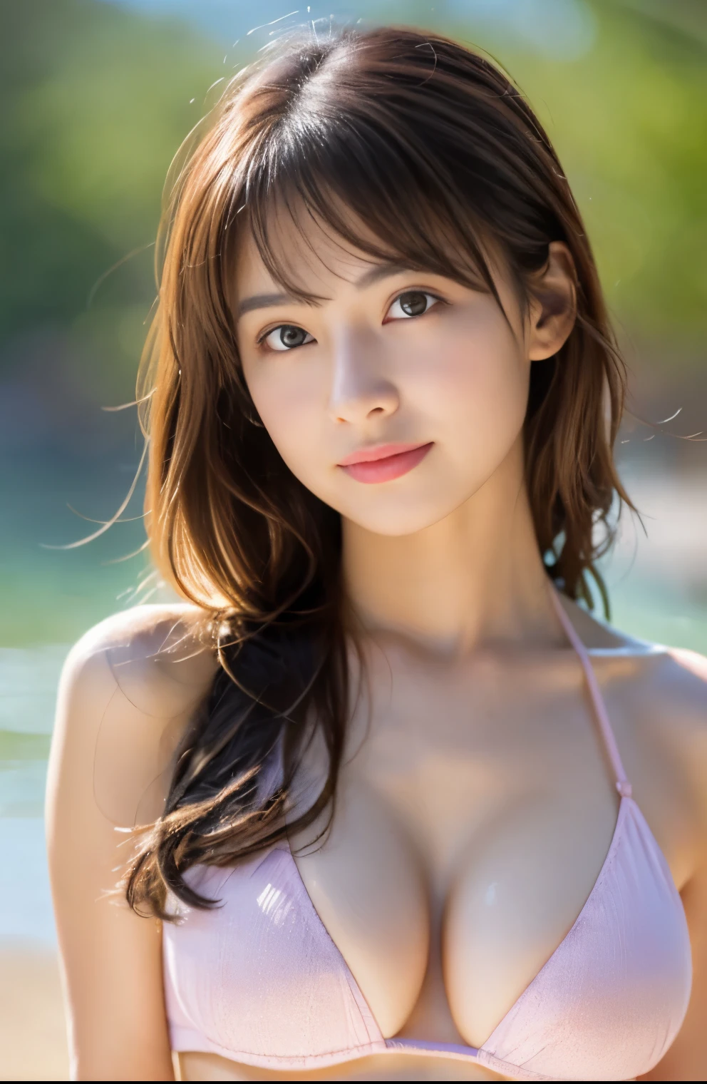 ((highest quality, 8K, masterpiece: 1.3)), clear focus: 1.2, 1 girl, perfect figure: 1.4, slim abs: 1.1, ((dark brown hair)), pink bikini swimsuit, (outdoor, noon: 1.1), blurry beach background, super fine face, fine eyes, double eyelid