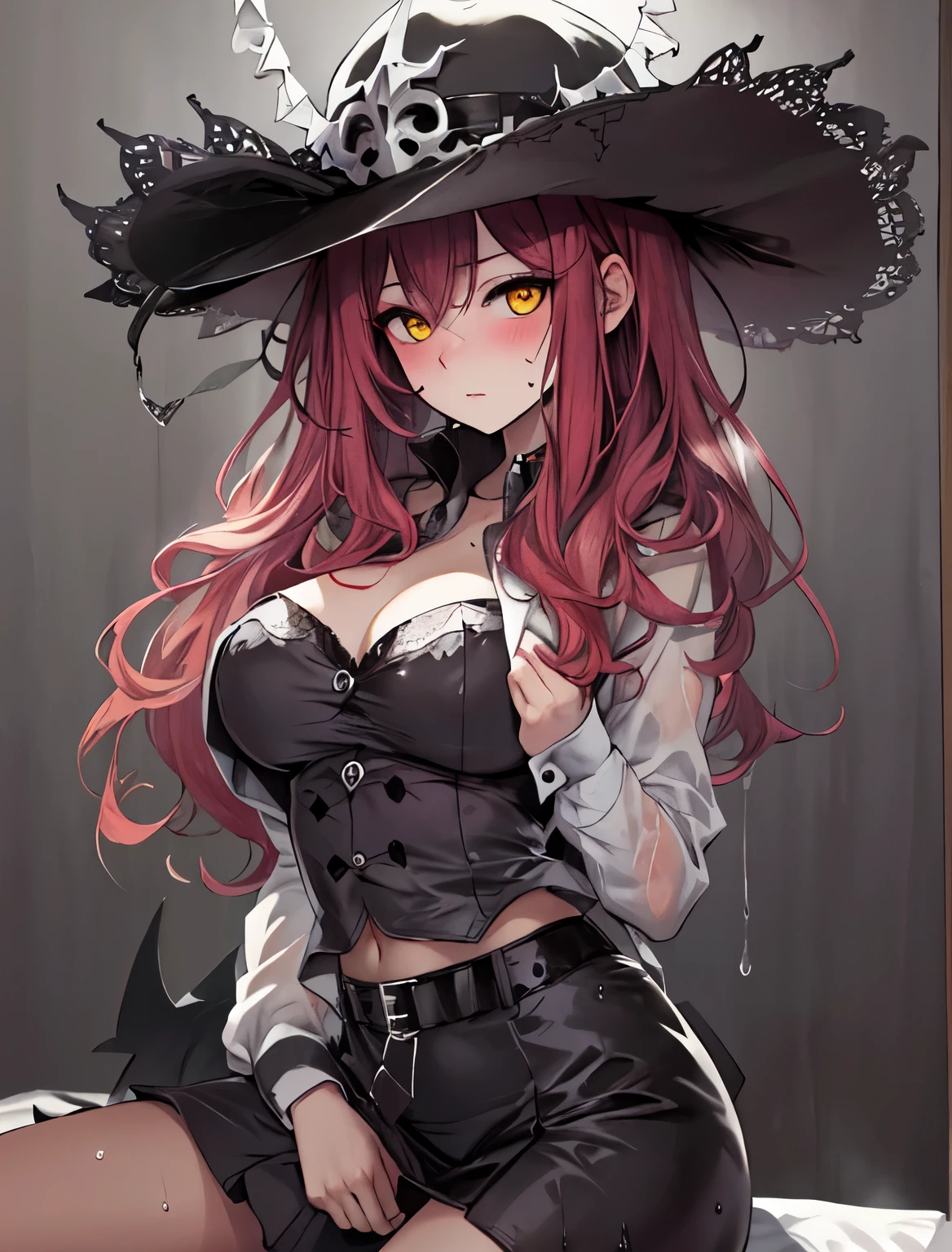 Masterpiece, animerealistic, Top quality, Ultra high definition, Maximum resolution, Very detailed, Professional lighting, Cowboy shot, Grab your own breasts, One girl, she’s a female oni, devilish girl, she has light red hair, Very cute, Sit on boy, Spread your legs, Raise your legs, , long hair, Hairpin, black and white outfit with skirt, gothic, wet clothes, Open shirt, sweat, yellow eyes, beautiful eyes, Blush, 