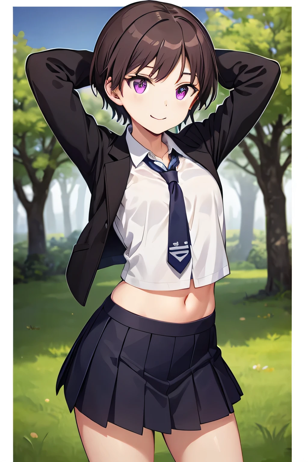 HinataOkanoR4, brown hair, short hair, purple eyes,school uniform, black jacket, white shirt, tie, masterpiece, highres, best quality, closed_mouth, night sky, forest, arms behind head, spread armpits, midriff, contrapposto, cowboy shot, smile,