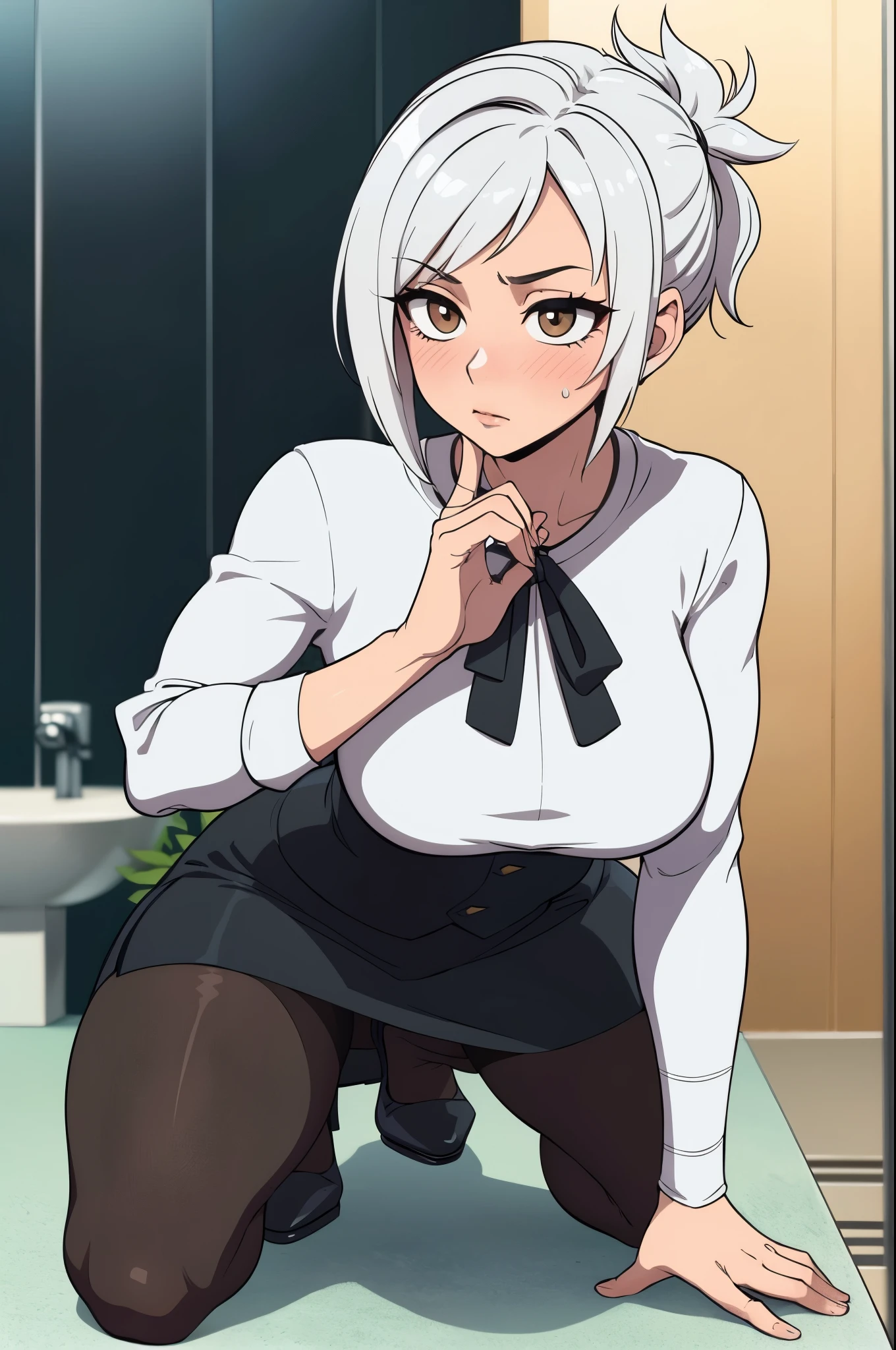 masterpiece, best quality, ultra-detailed, illustration, colorful, flat color, depth of field, 1girl, riven, anime, staying on her knees on the floor, silver hair, short hair, folded ponytail, brown eyes, looking at viewer, at restroom, white shirt, black tie, black skirt, pantyhose, black pantyhose, detailed skin texture, detailed cloth texture, beautiful detailed face, blush, shy, large breasts, view from front, fit, hourglass figure