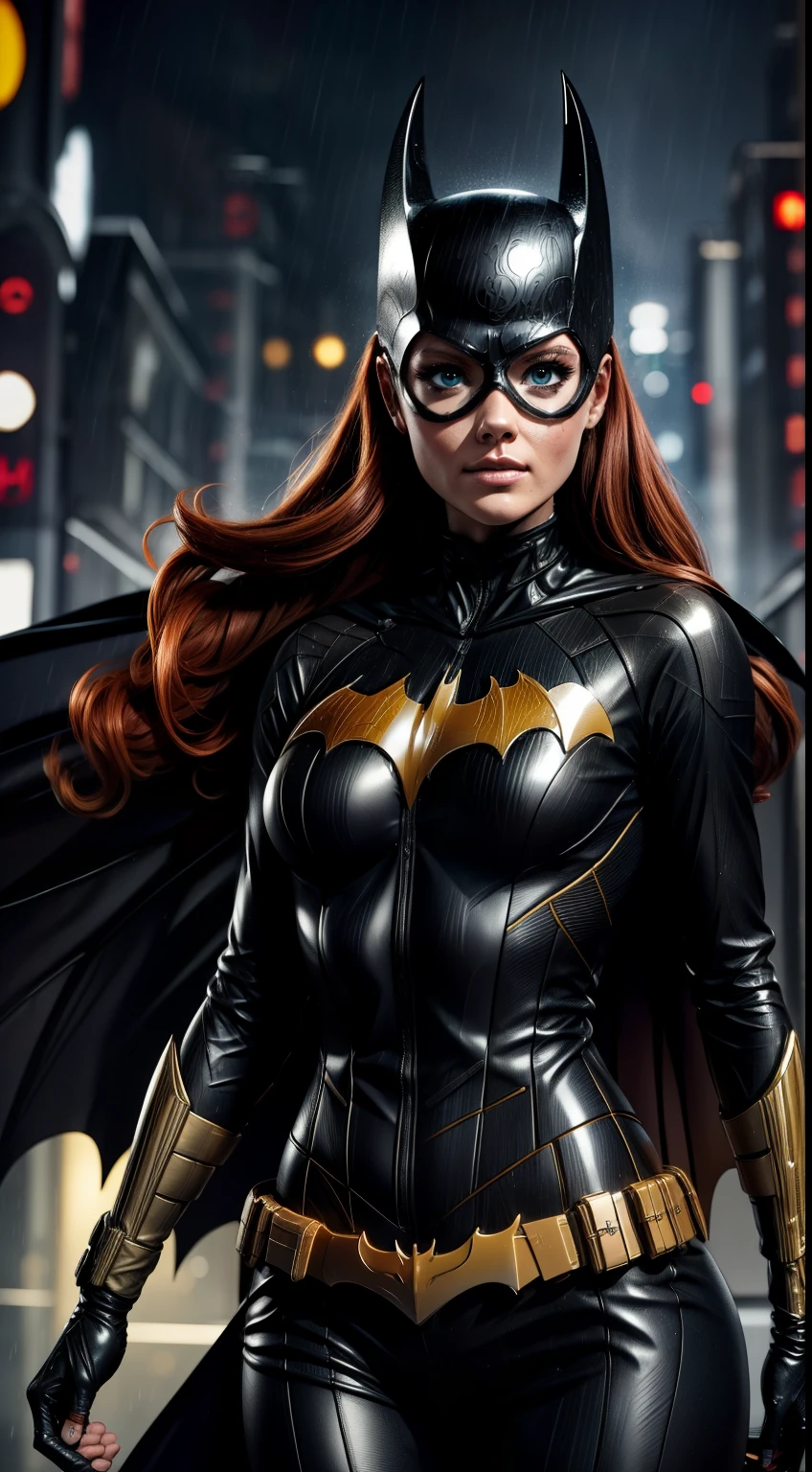barbara gordon, anime, beauty, Batgirl clothes, Batgirl cosplay, wind effect, full body photo, prominent figure, standing on the edge of a skyscraper, night, photo (Masterpiece) (Best quality) (Detail) (8K) (HD) (Wallpaper) (Cinematic lighting) (Sharp focus) (Intricate), sexy, rain, wet, rays, best quality, ultra high resolution, photorealistic, full body portrait, incredibly beautiful,  dynamic poses, detailed skin texture, highly detailed skin, detailed face,