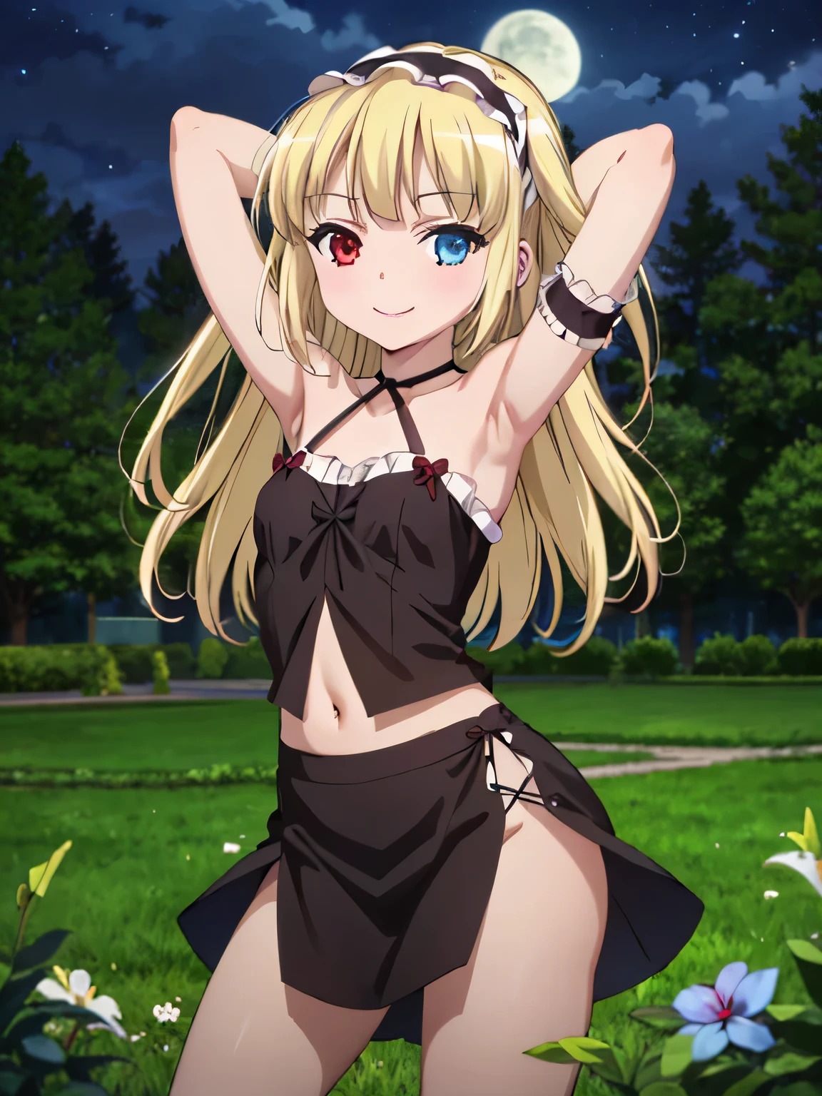 (((pixel-perfect, detail-perfect))), solo, 1girl, kobato hasegawa, heterochromia, red eyes, gothic, black dress, hairband, looking at viewer, cowboy shot, closed_mouth, night sky, forest, arms behind head, spread armpits, midriff, contrapposto, smile,