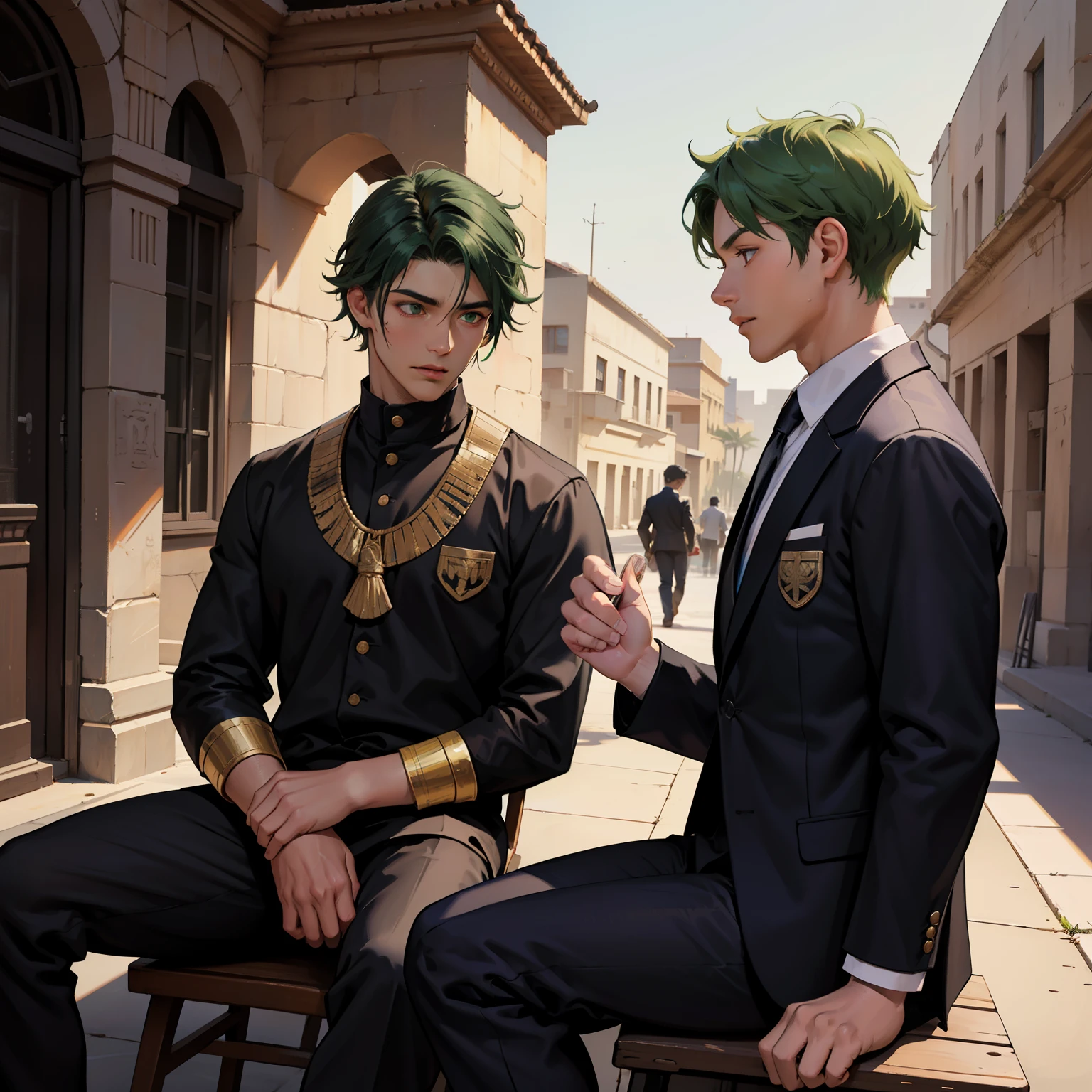de perfil , There are two handsome 12-year-old boys sitting in the school yard, but it is a school in ancient Egypt. They see someone approaching. One of them has green hair and the other has black hair with brown strands.