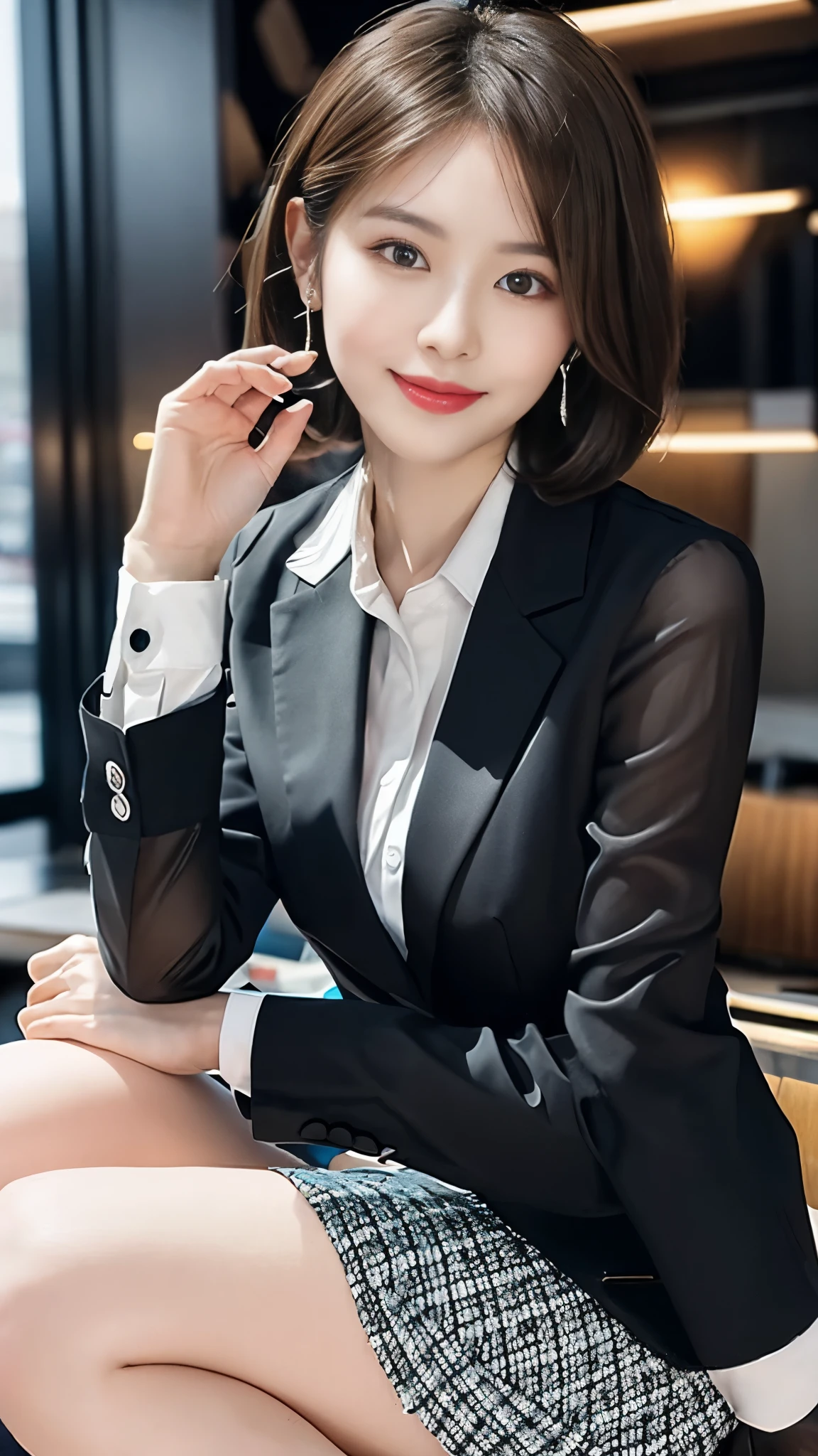 beautiful japanese woman,Photos taken by a professional photographer,Fancy makeup with red eyeshadow,double eyelid,The best smile,Delicate brown hair with short cut and side waves,big ring earrings,elegant legs,Wearing black high heels,long and thin legs, white shirt and super miniskirt, long legs, standing during class, very beautiful slim legs, とても美しいlong and thin legs, sitting at desk, Business service, beautiful feet, good hips and long legs, beautiful feet, surreal high school girl, cleavage, sitting on a black box,
