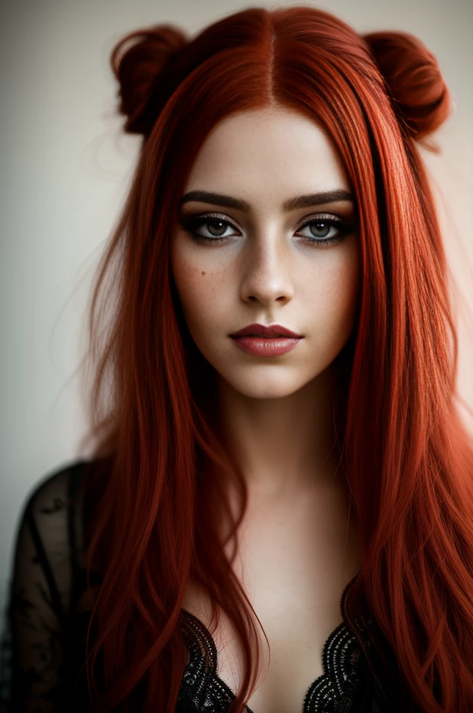 Hermosa mujer pelirroja, pecas, maquillaje oscuro, hyperdetailed photography, Luz tenue, Retrato de cabeza y hombros, Frazada